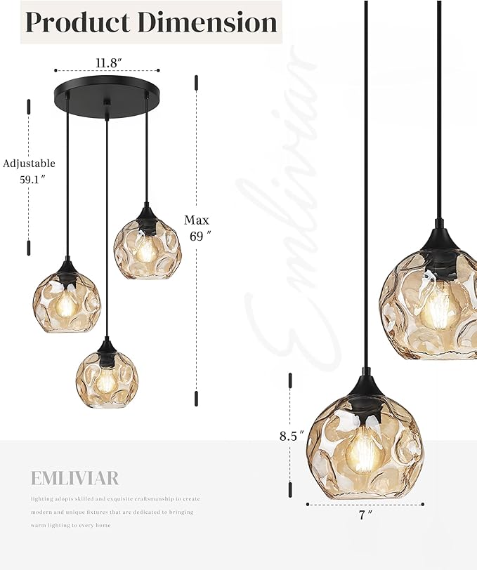 Emliviar 3-Light Cluster Pendant Lamp with Hammered Glass, Linear Barn Hanging Pendant Lighting for Dining Room in Amber Finish, DYE287G2-3 BK