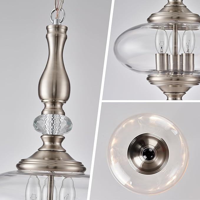 Brushed Nickel Pendant Light 11.8'' Wide 23.6'' High Modern Glass Pendant Light for Dining Room, Kitchen Island Adjustable Height