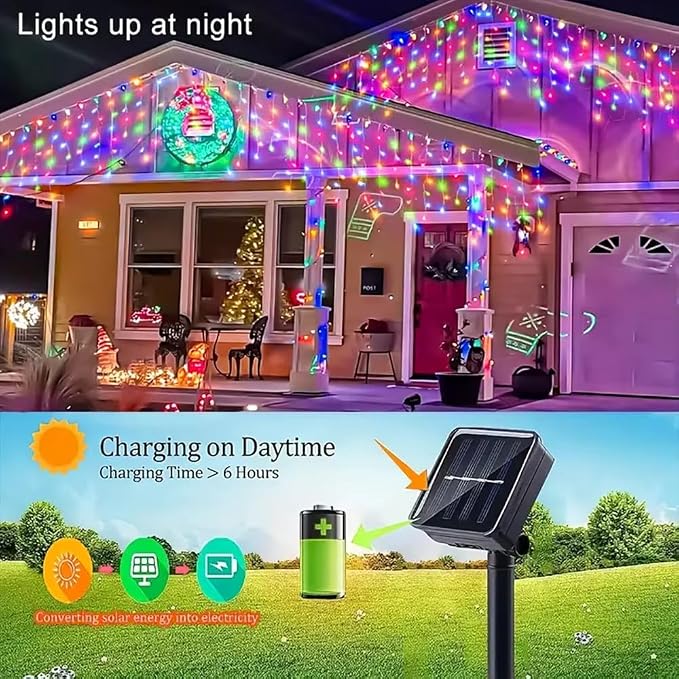 Sherno 1Pcs LED Solar String Lights, 8 Modes Icicle Curtain Lights, Outdoor Fairy Lights for Christmas, Garden, Party Decoration (Multicolor, 137.8inch 96LEDs)