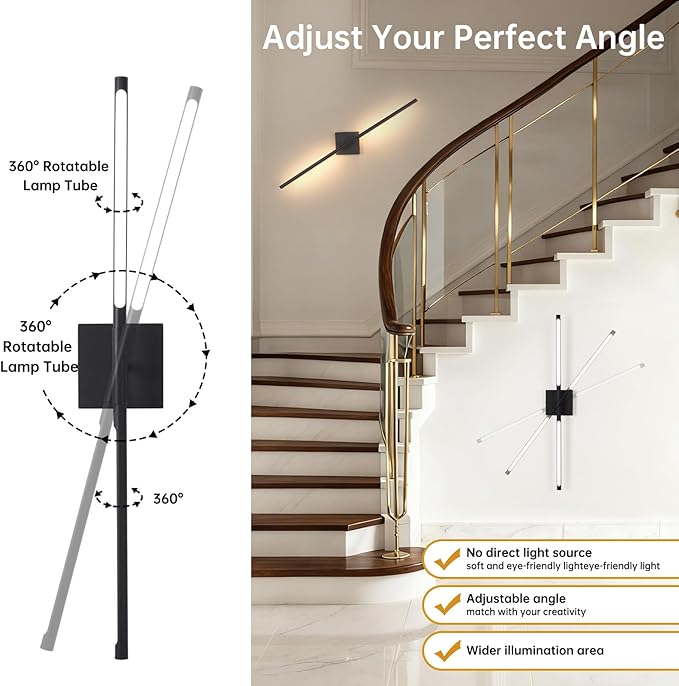 Shenmoyl Battery Operated Wall Sconce Set of 2, 10400mAh Rechargeable Wall Lights, 3000K-6000K Dimmable, 350°Rotate, Indoor Wall Sconces with Remote for Bedroom Living Room Bathroom, Black, 31.5 Inch