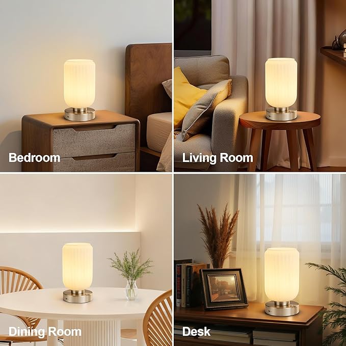 LightRound Cordless Table Lamp for Bedroom, 7500mAh Rechargeable Small Battery Lamp, Modern Touch Dimmable Wireless Lamp Brushed Nickel Base White Glass Shade for Living Room, Desk, Led Bulb Included
