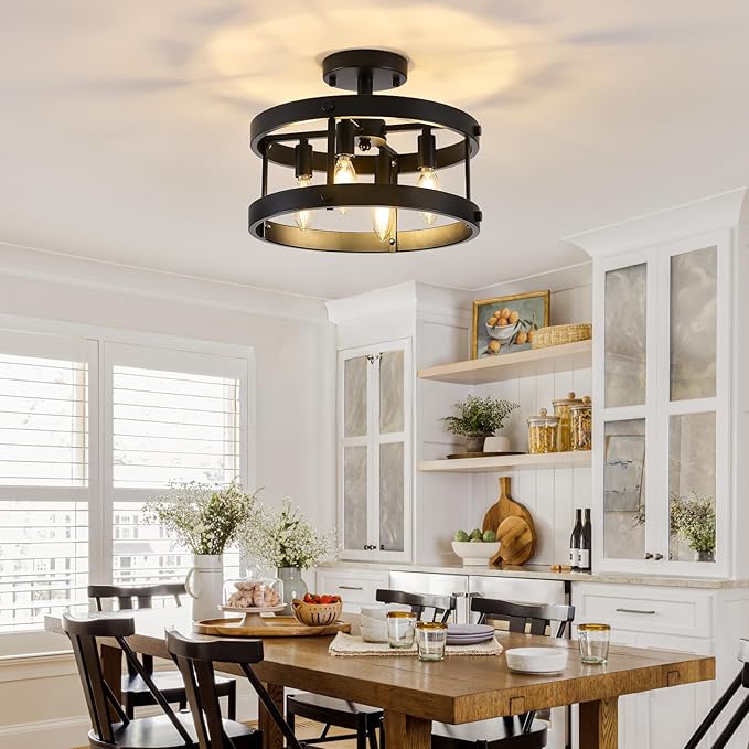 Modern Black fixtures light Close to Ceiling,Farmhouse 4-Light Semi-Flush Mount Pendant Light,Industrial Metal Ceiling Light for Kitchen Entryway Dining Laundry Room Dining Room Hallway UL-Listed