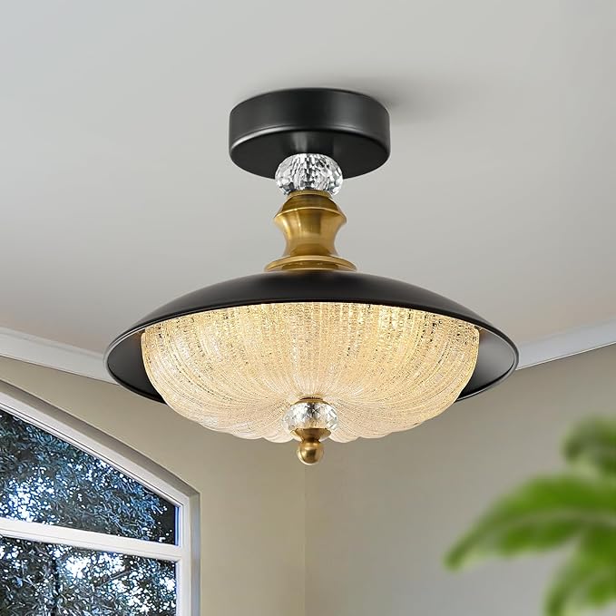 Vintage Semi Flush Mount Ceiling Light 12inch Mid Century Crystal Glass Black Gold Circle Ceiling Light Fixture,5-Light Design, for Bedroom Kitchen Dining Room Hallway Entryway Cloak Room