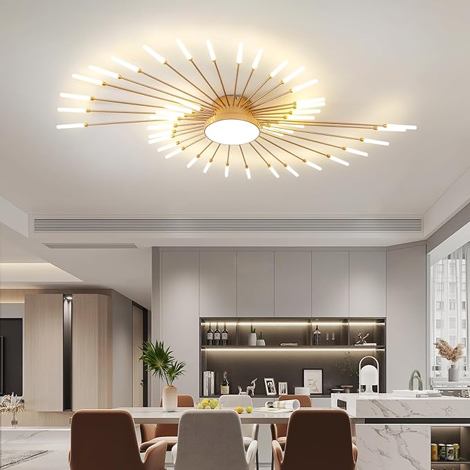 ziidoo Modern Ceiling Light, 42+1 Lights Metal Firework Designed Chic Led Lighting Fixture for Farmhouse Kitchen Dining Room Bedroom Hallway Living Room (Gold and Dark Gold)