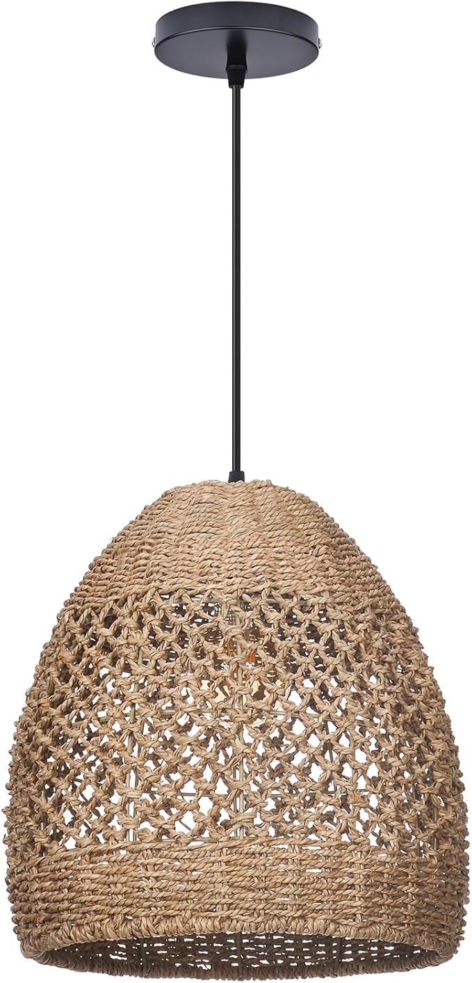 13.7" Boho Rattan Chandelier Light Fixture, 1-Light Hand Woven Coastal Ceiling Pendant Lights Kitchen Island Farmhouse Hanging Lamp for Dining Room, Bedroom, Living Room, Entryway, Foyer