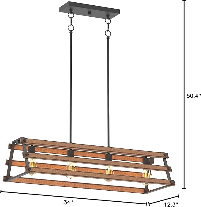Inlight 34" Wide Farmhouse 4-Light Kitchen Island Pendant Light, Textured Black and Faux Painted Wood Finish, Rustic and Industrial Design Linear Chandelier for Dining Room, IN-0335-4-WD