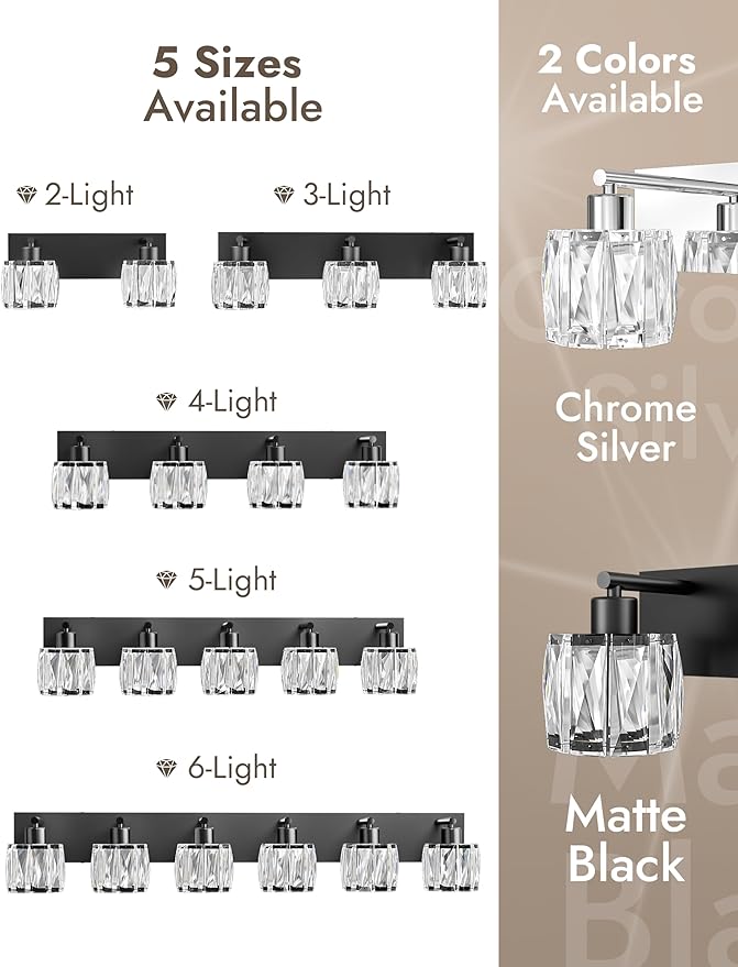 VOLISUN Crystal Vanity Lights for Bathrooms, 4 Light Bathroom Vanity Light, Modern Matte Black Bathroom Light Over Mirror, Black Bathrooms Lights Fixtures-UL Certificated(Exclude Bulb)