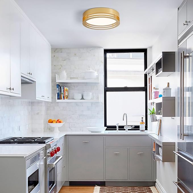 Dimmable Gold Flush Mount Ceiling Light, Modern Round LED Ceiling Lights Fixture, Kitchen Flushmount Light for Bedroom Hallway Laundry Room 2700 K-6000 K 5CCT