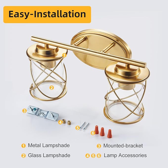 mavcadonf 2-Light UL Certified Brushed Gold Vanity Light, Metal Cage Shade Wall Sconce Over Mirror, Modern Farmhouse Light Fixture for Bathroom Kitchen Bedroom Hallway