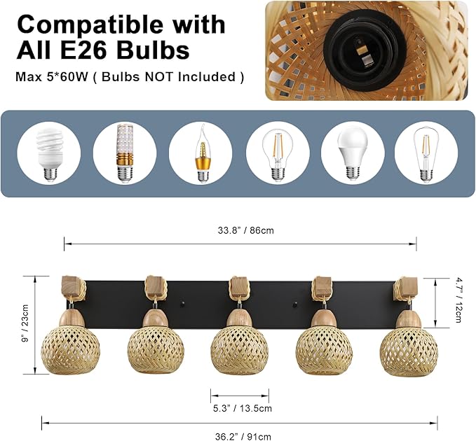 LmnLvn 5-Light Boho Vanity Light, Farmhouse Bathroom Light Fixture, Rattan Bathroom Light Fixture Over Mirror Rustic Vanity Lighting with Handmade Bamboo Shades, Suit for Restroom, Bedroom, Hallway