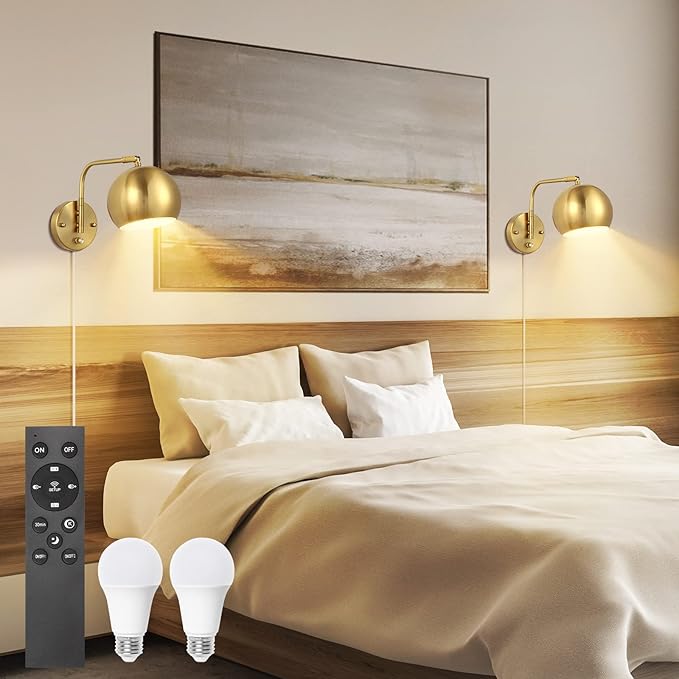 VATONI Wall Sconce with Remote Control, Plug in Wall Sconces Dimming 0-100% and Adjustable Color Temperature 2700K-6000K, Brushed Brass Globe Swing Arm Wall Lights with Plug in Cord(2 Pack, 2 Bulbs)