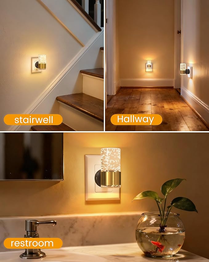 NIORSUN Night Light Plug into Wall, Dimmable Nights Lights with 3 CCT & 5 Brightness Levels, Slim Acrylic Plug in Night Light, Auto Dusk to Dawn Sensor for Stairs, Hallway, Bathroom, Gold, 2 Pack