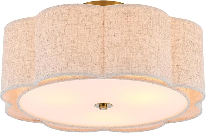 Semi Flush Mount Ceiling Light, Beige Linen Fabric Shade Ceiling Light, Golden Modern Farmhouse Close to Ceiling Light for Bedroom, Hallway, Living Room, Dining Room, Laundry Room