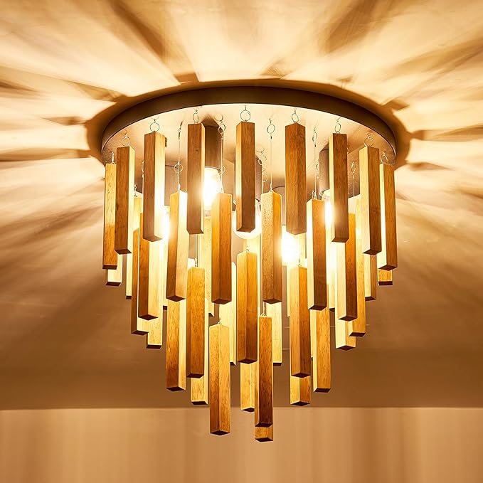 7-Light Flush Mount Wooden Ceiling Light - Rustic Oak and Black Ceiling Lamp with E26 for Farmhouse Kitchen, Dining Room, Living Room, Bedroom, Foyer, Hallway