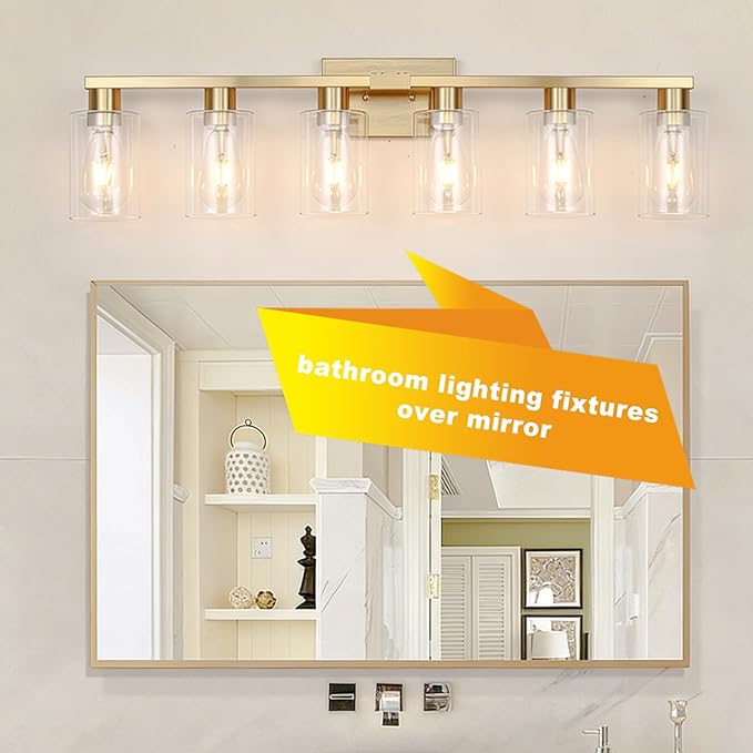 6 Light Bathroom Vanity Light Brushed Gold , Gold Bathroom Light Fixtures for Bathrrom Large Wall Sconce with Clear Glass Shade Rust and Moisture Prevention Easy to Install Vanity Lights over Mirror