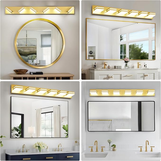 Modern LED Bathroom Lights Fixtures 6-Light,Metal Gold Acrylic Wall Lighting,Vanity Lights for Bathroom Over Mirror 6000k 41in