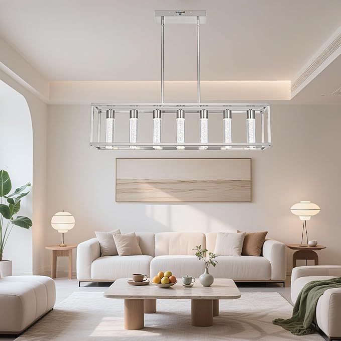MELUCEE Modern LED Pendant Lights, 7 Lights 35W Dimmable Chandelier 3000K-6000K 5 Adjustable Color Temperature, Kitchen Island Lighting for Kitchen, Dining Room, Billiard Room, Adjustable Height