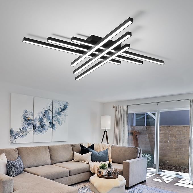 JAYMP 43.3" Modern Ceiling Light with Remote, Black Sputnik Ceiling Lamp, 96W Dimmable LED Lighting Fixture for Dining Room, Living Room, Kitchen Island, 6 Lights