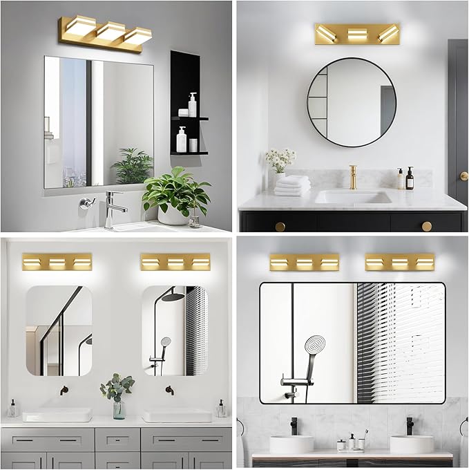 IZORRO LED Modern Bathroom Lights Fixtures(3-Light,Dimmable,360°Rotate),Brushed Glod Acrylic Wall Lighting,Vanity Lights for Bathroom Over Mirror - 6000k 16In (No Assembly Required)