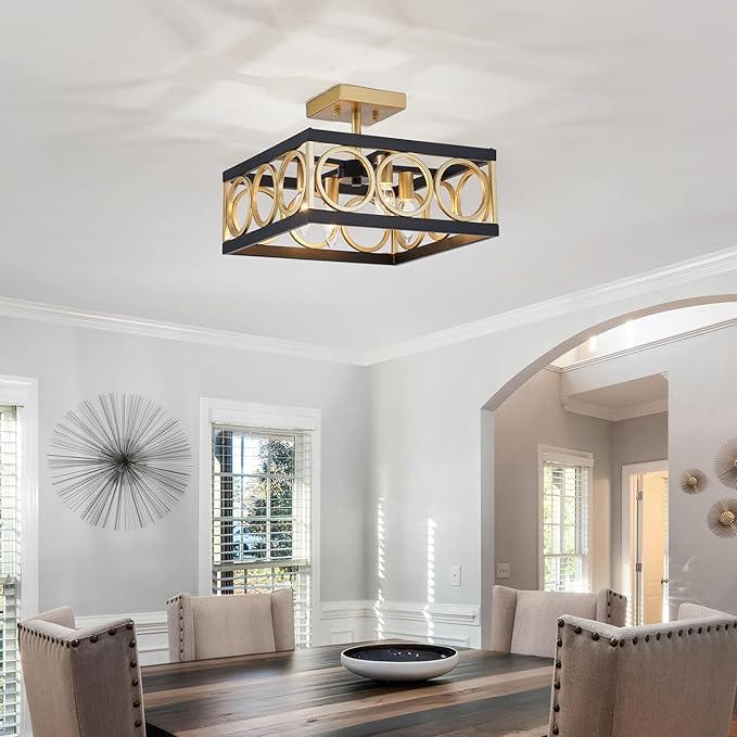 XINGQ Black and Gold Ceiling Light Fixture Modern 4-Light 13'' Semi Flush Mount Ceiling Lights for Living Dining Room Bedroom with Square Metal Shade, E12 Bulb Base