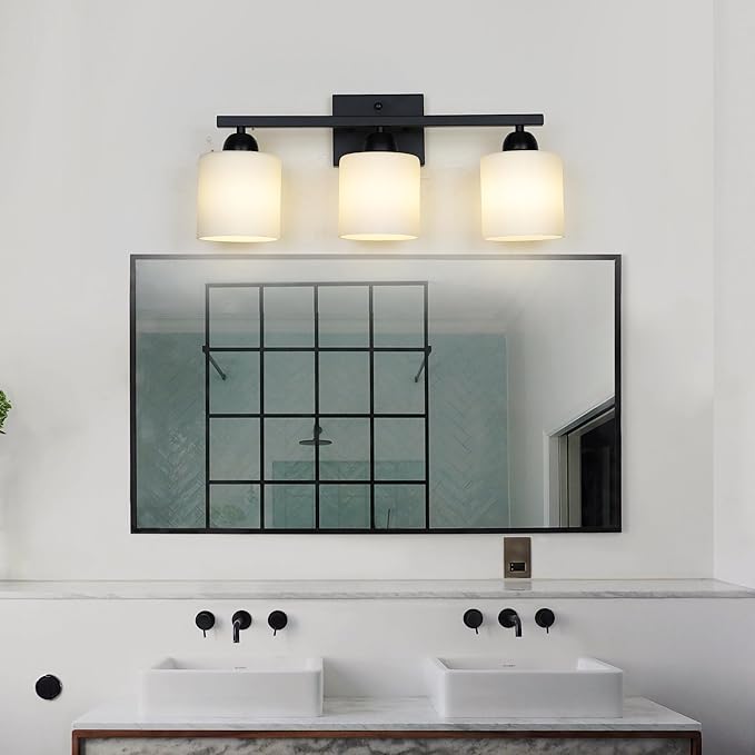 Mecgirn Milk Glass Vanity Lights for Bathroom, 3 Light Matte Black Bathroom Light Fixtures Over Mirror, Ceramic E26 Sockets Wall Mounted