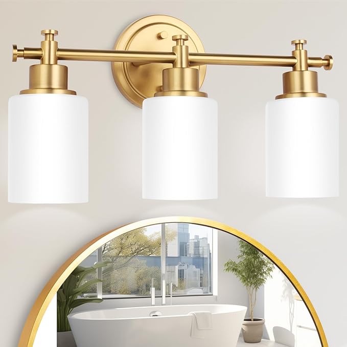 3-Light Gold Bathroom Vanity Light Fixtures, Brushed Gold Wall Sconce, Champagne Gold Vanity Light with Milky White Glass Shade Over Mirror, Bathroom, Bedroom, Modern Style, E26 Base