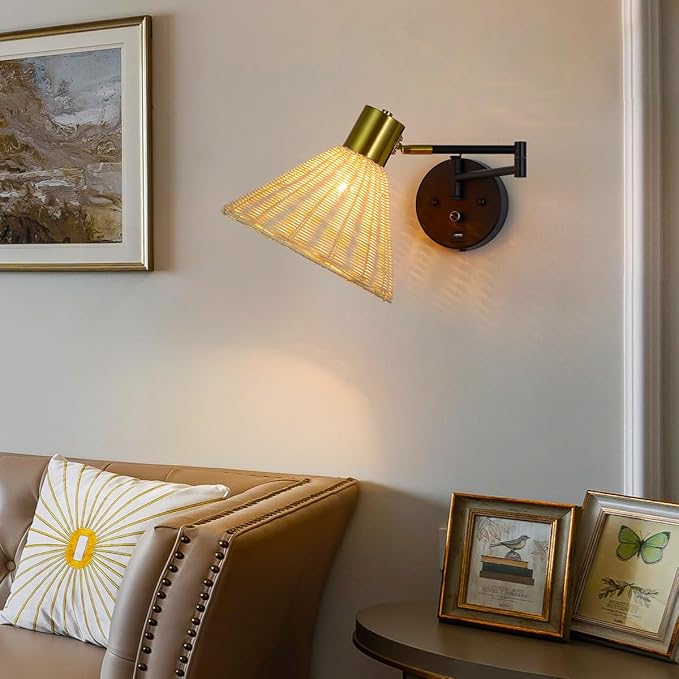 Plug in Rattan Wall Sconce Swing Arm Wall Lamp with USB Port and Dimmer Switch Hand-Woven Boho Rattan Wall Mounted Lamp Suitable for Hallway Bedroom Living Room.Balck