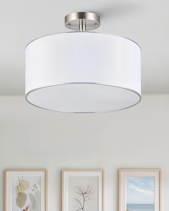 VONLUCE Semi-Flush Mount Ceiling Light, 15" Modern 3-Light Ceiling Light Fixture with White Drum Shade 3 E26 Sockets for Bedroom Entryway Living Room, Nickel Finish, ETL Certificated