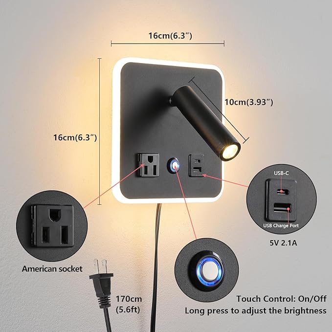 LED Wall Lamp Dimming Wall Mounted Reading Lights, Adjustable Headboard Plug in Wall Sconce with USB+USB C Ports, Headboard Bedside Lamp with 6W+3W Night Light 3000K (Gray)