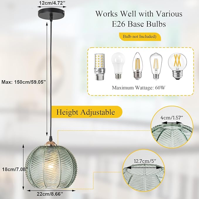 Vintage Pendant lamp 2 Pack Glass Pendant Lighting Kitchen Island Hand Blown 1-Light Modern Pendant Light with Green Glass Shade for Dining Room Bedroom Living Room