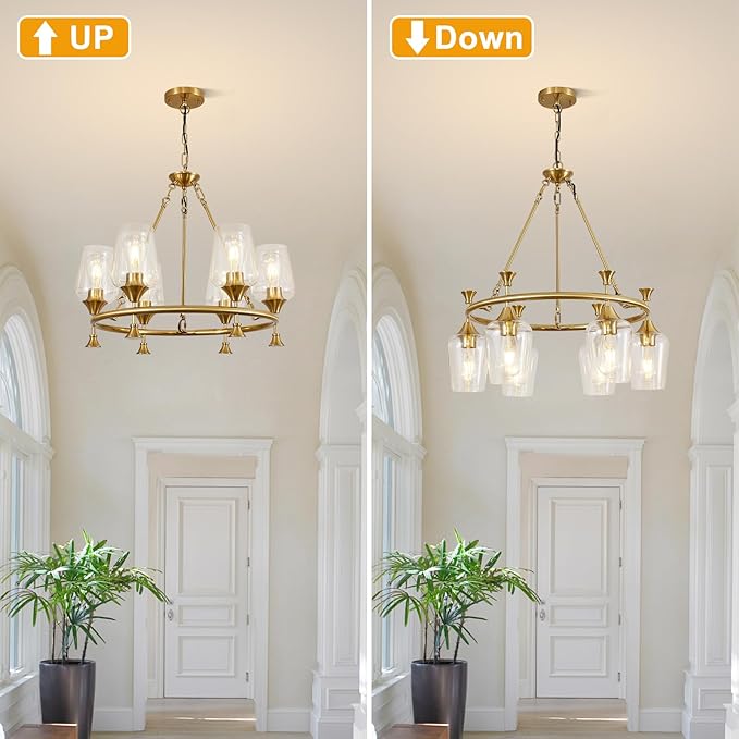 25" Gold Chandelier, 6-Light Farmhouse Chandeliers for Dining Room Light Fixtures Over Table, Modern Industrial Hanging Lighting with Clear Glass Shade for Living Room Bedroom Foyer Kitchen Island