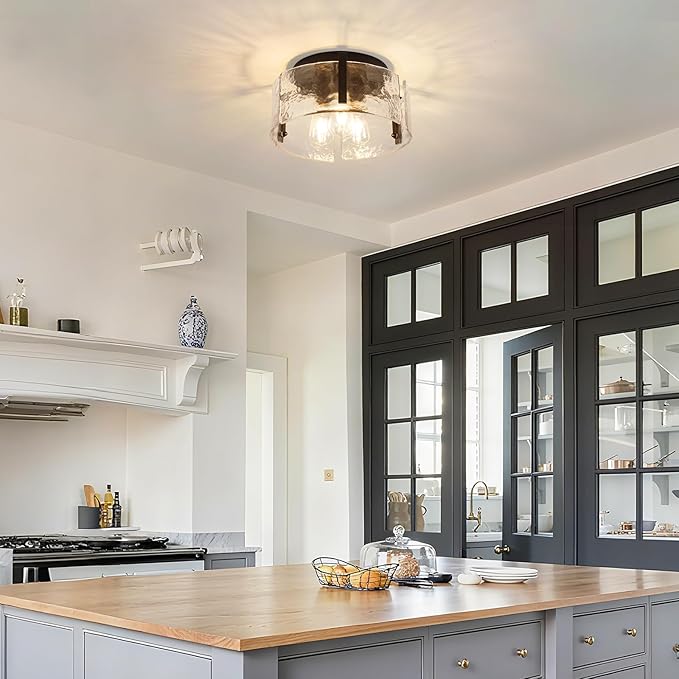 Black Semi Flush Mount Ceiling Light Fixture, Modern Glass Drum Ceiling Lights, 3-Light Hallway Light Fixtures for Kitchen Island, Bedroom, Bathroom, Laundry Room, Entryway