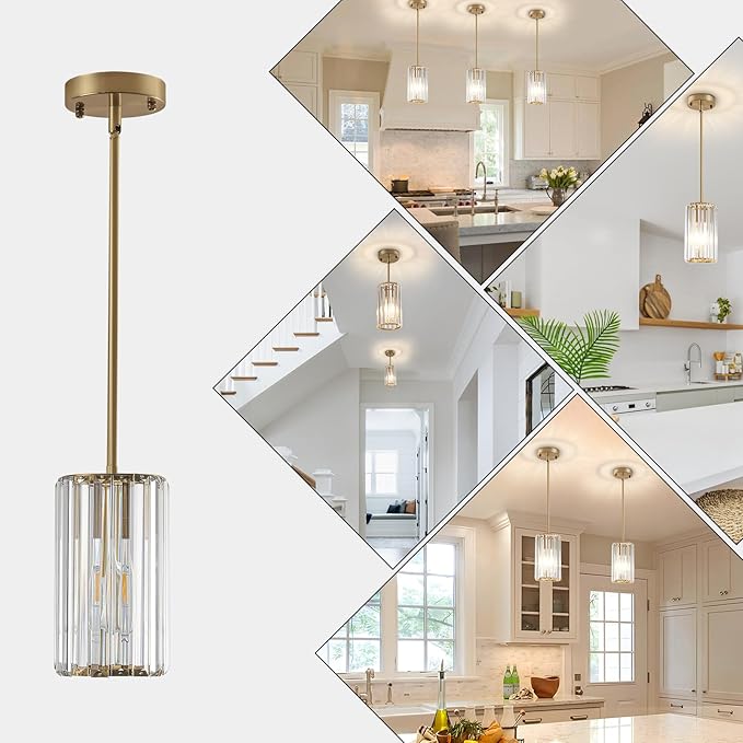 3 Pack Gold Modern Crystal Pendant Lights Hanging Light Fixtures, Gold Kitchen Island Pendant Lighting Fixtures Adjustable Modern Crystal Pendant Lights for Island Dining Room Hallway Bedroom