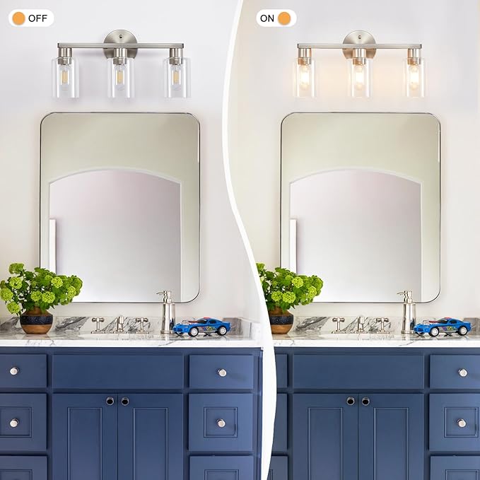 Brushed Nickel Bathroom Light Fixture 3-Light Bathroom Vanity Light Brushed Nickel 3 Light Vanity Lights for Bathrrom with Clear Glass Shades for Living Room Bedroom(E26 Socket)