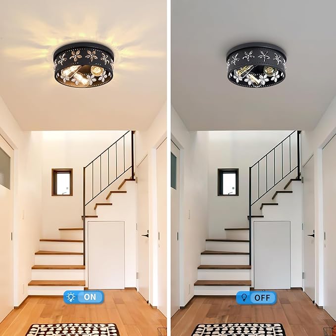 12.6 inch Black Flush Mount Ceiling Light Fixtures, 3-Light Ceiling Mount for Industrial, Crystal Light Fixtures for Farmhouse, Bedroom, Living Room, Kitchen, Hallway and Foyer (1 Pack)