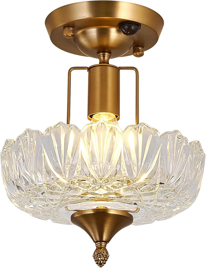 UOFUS Motion Sensor Semi Flush Mount Ceiling Light Gold Hallway Light Fixture with Clear Glass Indoor Small Chandelier for Hallway Entryway Porch Foyer Corridor