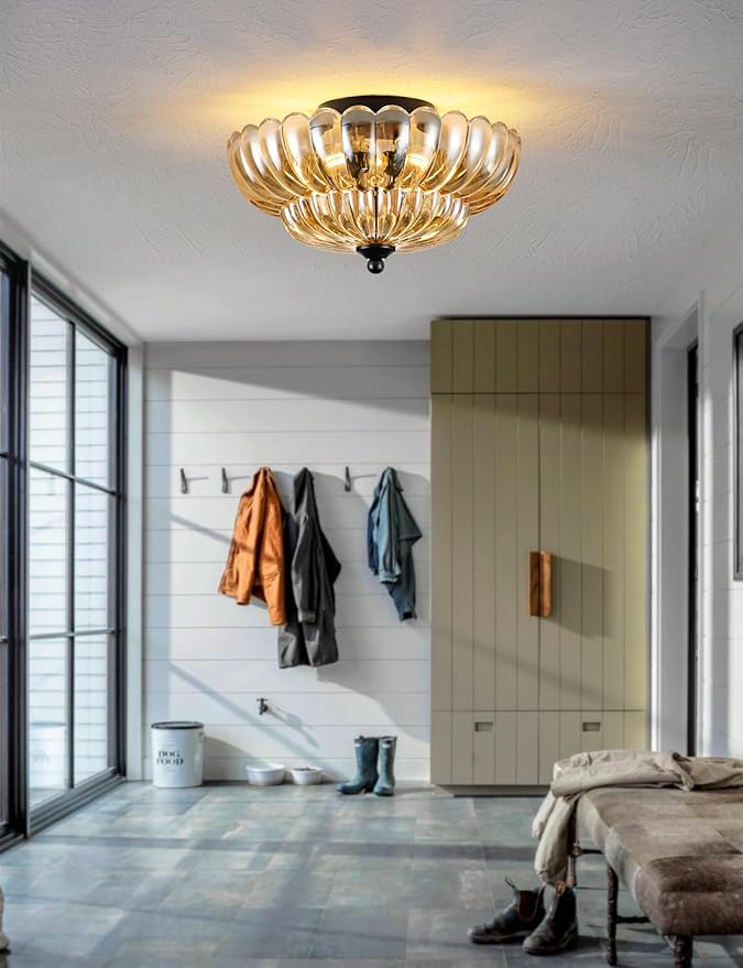 Semi Flush Mount Ceiling Light, Amber Glass Ceiling Light Fixture, 3-Bulb Modern Black Close to Ceiling Light, Vintage Glass Ceiling Lights for Bedroom Kitchen Living Room, Bulb Not Included