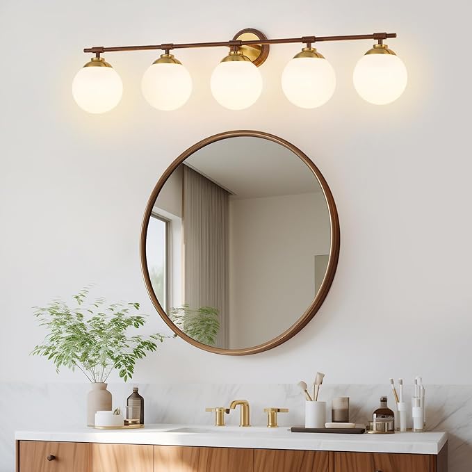 Rayogale Walnut Bathroom Light Fixtures, ETL 5 Lights Vanity Lights Over Mirror with Milk Glass Soft Lighting 41 Inch Bathroom Sconces(Exclude E26 Bulb)