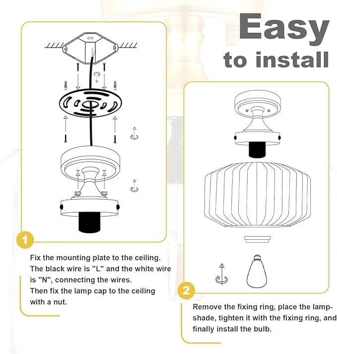 Semi Flush Mount Ceiling Light with 11.02" Clear Seeded Glass Shade, E26 Base Gold Mid Century Chandelier Farmhouse Light Fixture for Hallway Bathroom Entryway