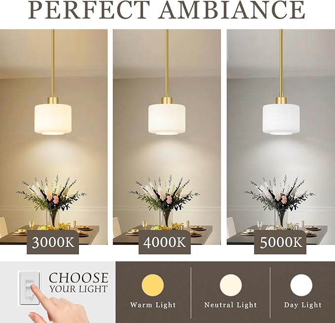 Brushed Gold Pendant Lights Kitchen Island 2 Pack, Modern Milk Glass Hanging Light Fixtures with Rods, Mini Kitchen Pendant Lighting Over Island for Sink Bathroom, OS-YQ8153-2PBG