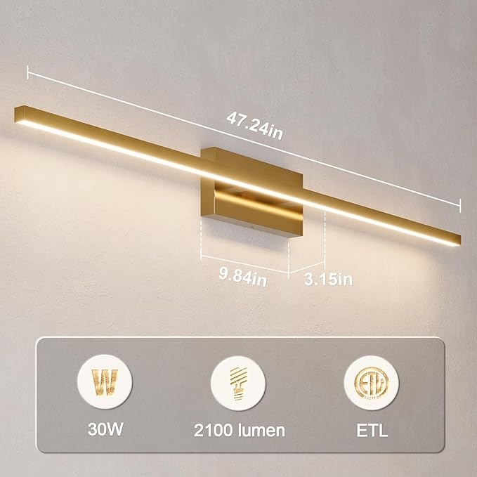 VOLISUN Modern Bathroom Vanity Light 48 inch, 30W Dimmable 5CCT Led Bathroom Light Fixture Over Mirror, Brass Bar Vanity Light for Bathrooms Mirror Cabinets Bedroom-ETL Certificated