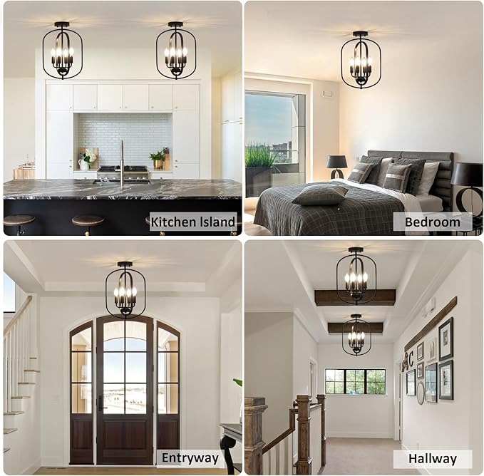 Black Semi Flush Mount Ceiling Light Fixture, Modern Close to Ceiling Light Fixtures Ceiling Mount, Dimmable Foyer Kitchen Lighting Fixtures Ceiling Lights for Bedroom, Hallway, Laundry Room, Entryway