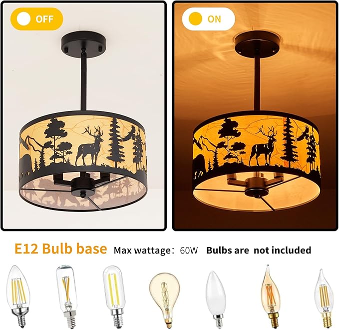 Rustic Semi-Flush Mount Ceiling Light Fixture with Slanted Installation and Lampshade, E12 Base 3-Light Round Black Metal Fixtures with Deer and Bear Design - Perfect for Kitchen, Bedroom, Foyer