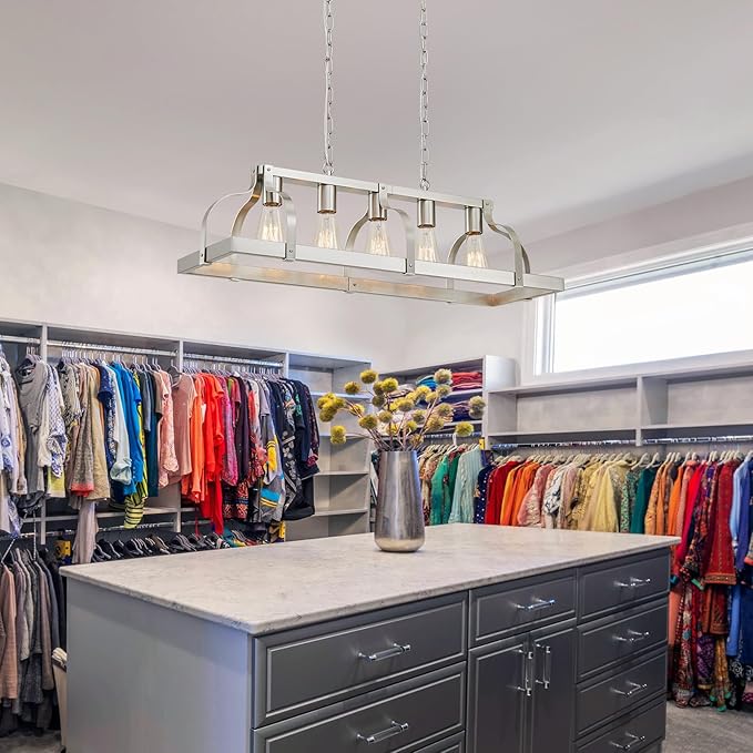 WUZUPS 5-Light Metal Chandelier Linear Pendant Ceiling Lighting Rustic Farmhouse Fixture Kitchen Island Dining Room, H 8.5" L 31.5" W10, E26 Base, Brushed Nickel