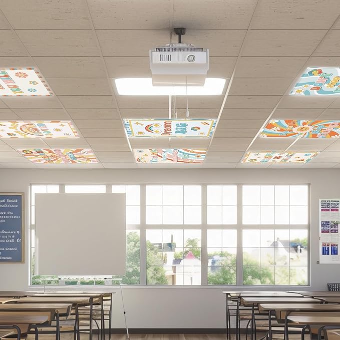 8 Pcs Fluorescent Light Covers with 80 Magnets Decorative for Classroom Ceiling Lights 4x2 Feet Magnetic Light Cover Filter Easy Install for Office Hospitals Drop Home Ceiling Supplies (Hippie Groovy)