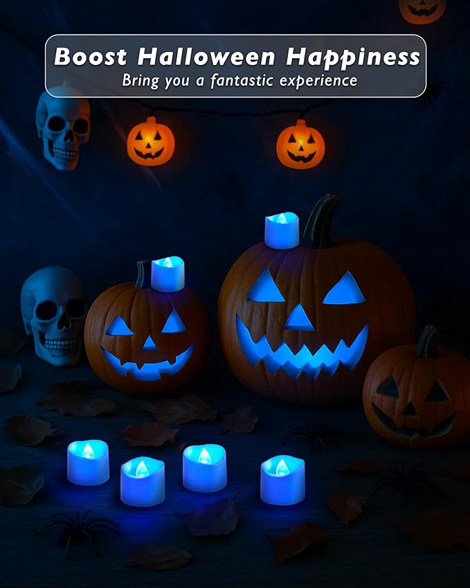 Raycare Blue Battery Operated Tea Lights, 200+Hour Electric Flickering Flameless Candles, Realistic Votive LED Tea Lights for Wedding Party Table Thanksgiving Christmas Decorations, Pack of 12