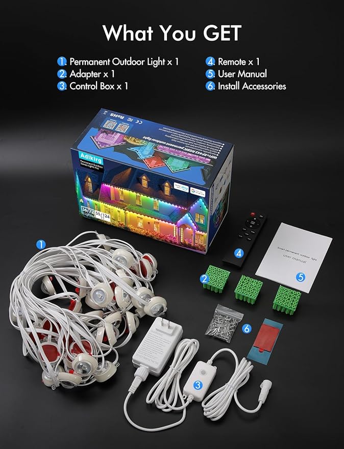 124FT Permanent Outdoor string Lights, Smart RGB Color-Changing Eaves Lights with 72 LED, IP67 Waterproof Exterior Lights, App Control for House Roof & Trim, DIY Modes for Christmas Holidays Lighting