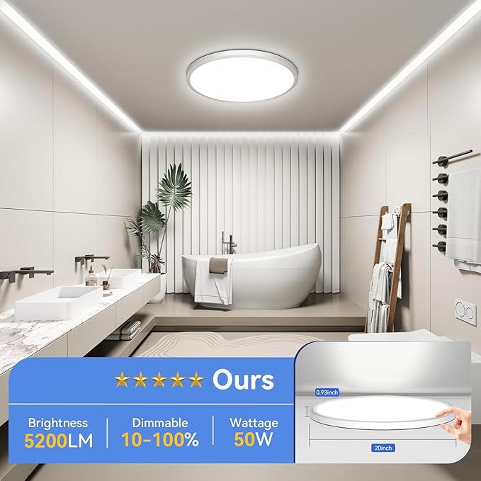 hunhun 20 Inch Dimmable 50W 5200M LED Flush Mount Ceiling Light Large Ceiling Light Fixture,3000K/4500K/6000K Selectable,Ultra Thin Flat Ceiling Lamp for Kitchen, Bedroom, Living Room(White,1Pack)