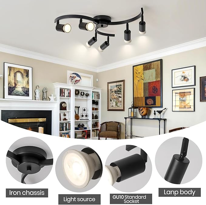 SEEBLEN 6 Light Track Lighting Fixtures Ceiling, Flexibly Rotatable Light Heads, Black Semi Flush Mount Ceiling Light for Kitchen Dining Room Living Room.Gu10 Bulb Base.