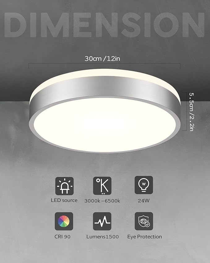 Ken & Ricky Flush Mount Ceiling Light, Dimmable Led Close to Ceiling Light Fixtures for Kitchen Bathroom Bedroom Hallway 5cct (Brushed Nickel, 12 Inch)